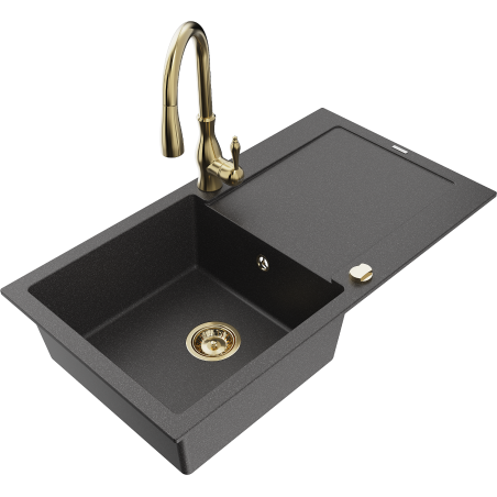 Mexen Leo 1-compartment granite sink with a drip tray and kitchen mixer tap Savita, spotted black - 6501-76-672601-50