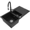 Mexen Matias 1.5-compartment granite sink with a drip tray and kitchen mixer tap Savita, Black - 6502-77-672601-70