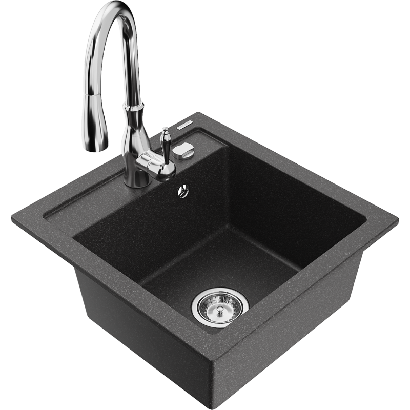 Mexen Vito 1-compartment granite sink with a kitchen mixer tap Savita, spotted black - 6503-76-672601-00
