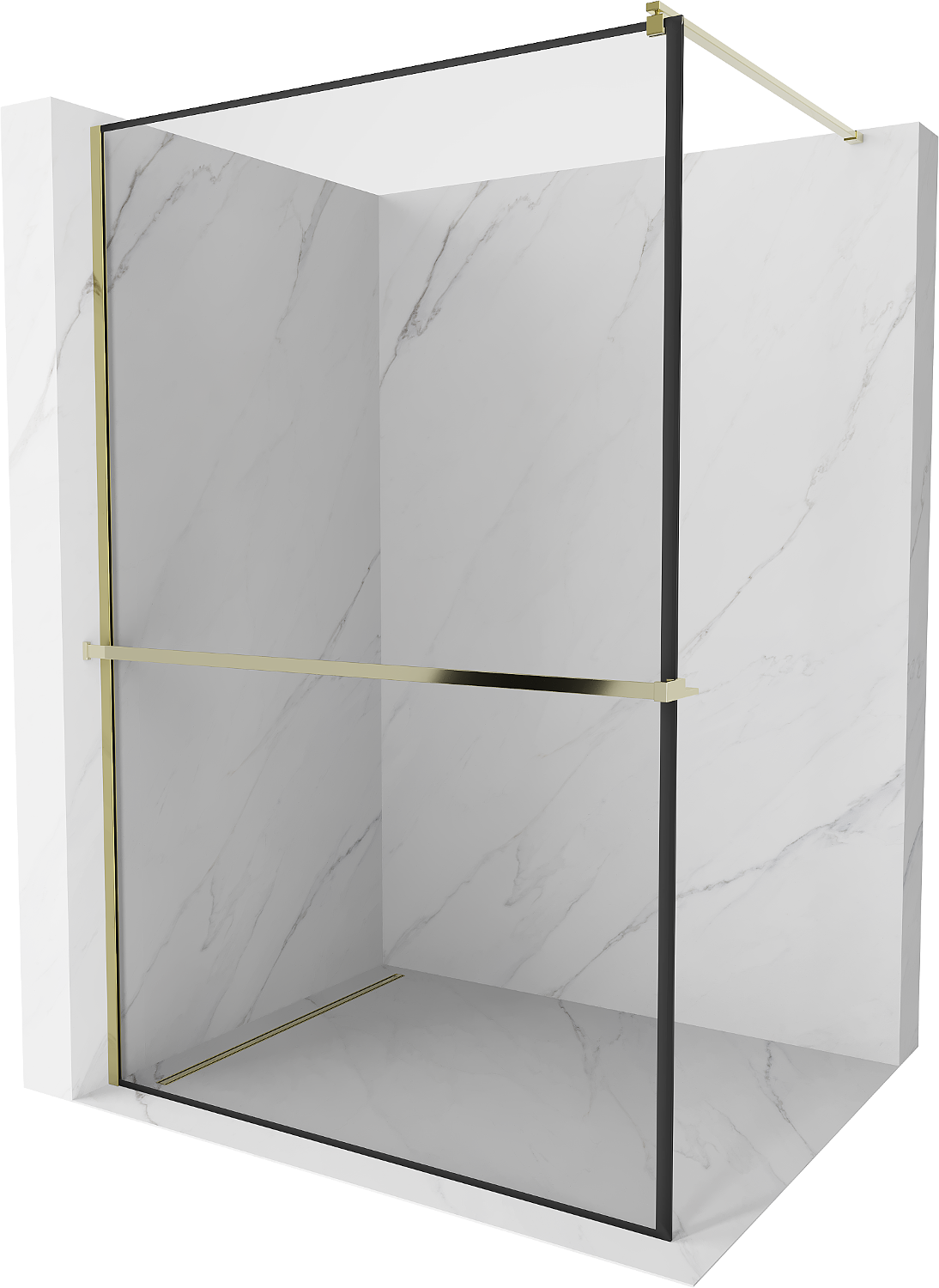 Mexen Kioto+ shower screen with a shelf and rail 130 x 200 cm, transparent/Black pattern 8 mm, gold - 800-130-121-50-70