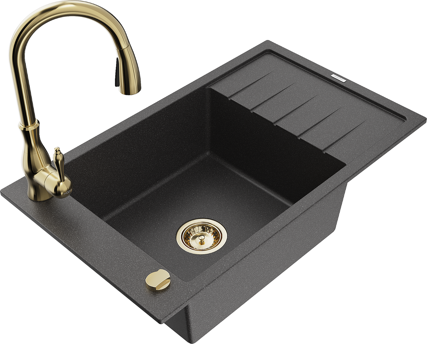 Mexen Elias 1-compartment granite sink with a drip tray and kitchen mixer tap Savita, spotted black - 6511-76-672601-50