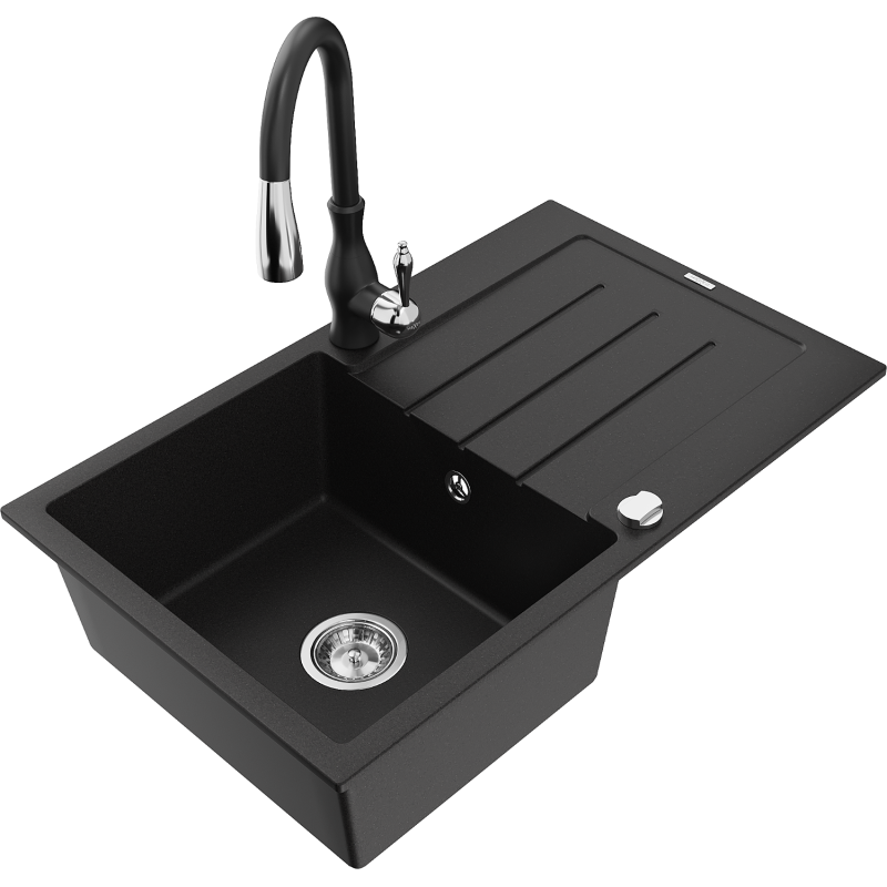 Mexen Bruno 1-compartment granite sink with a drip tray and kitchen mixer tap Savita, Black - 6513-77-672601-70