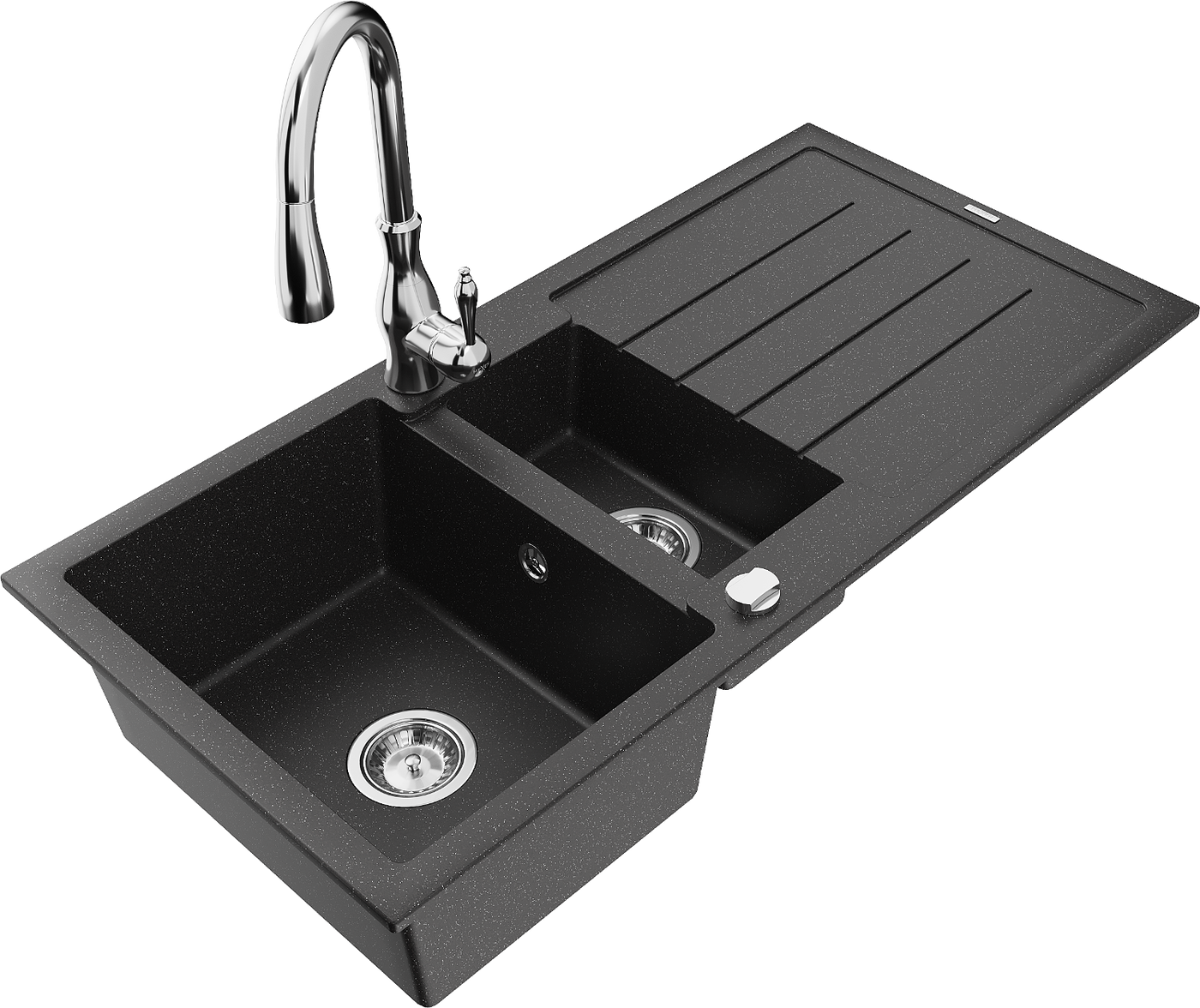 Mexen Andres 1.5-compartment granite sink with a drip tray and kitchen mixer tap Savita, Black/Silver - 6515-73-672601-00