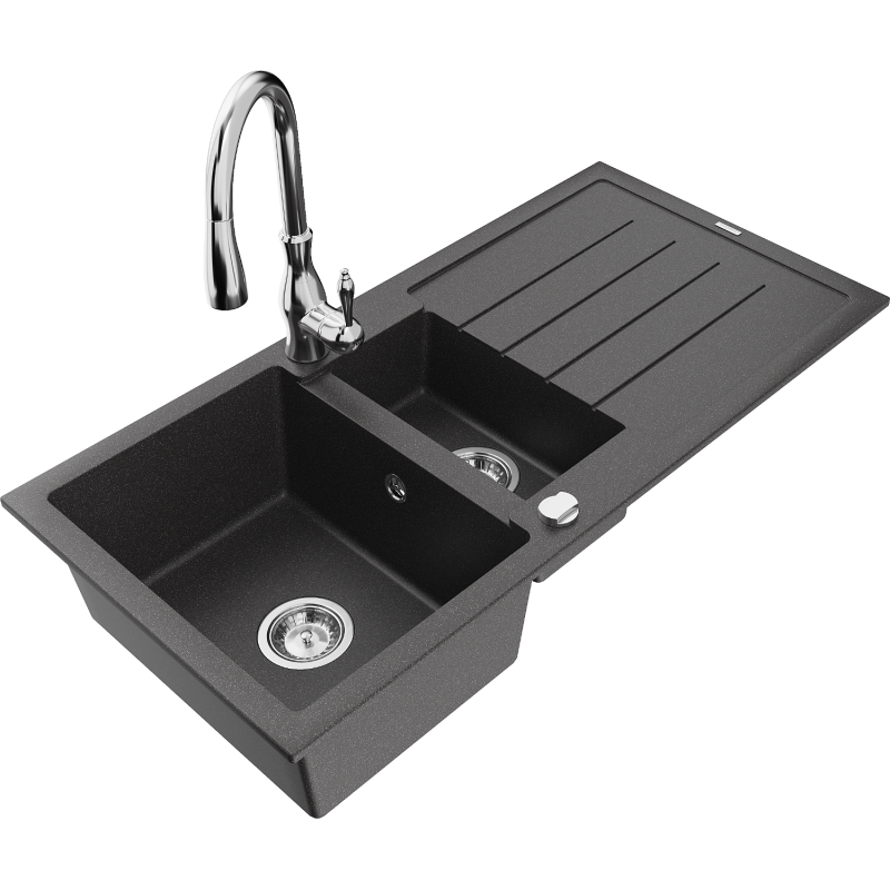 Mexen Andres 1.5-compartment granite sink with a drip tray and kitchen mixer tap Savita, spotted black - 6515-76-672601-00