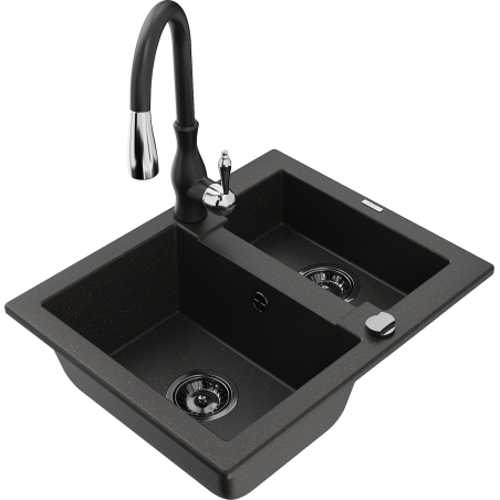 Mexen Carlos 1,5-compartment granite sink with a kitchen mixer tap Savita, Black/Gold metallic - 6518-75-672601-70-B