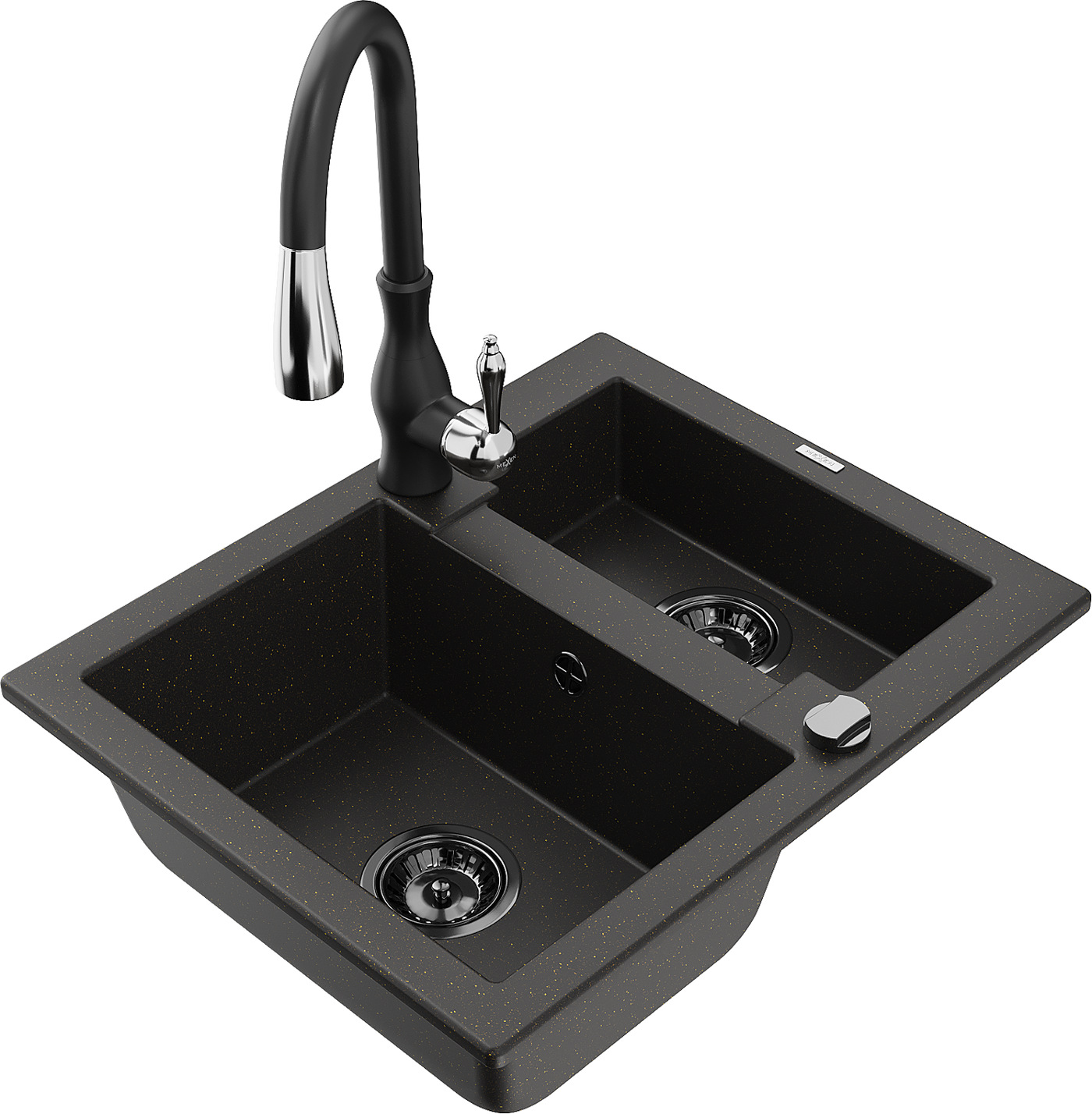 Mexen Carlos 1,5-compartment granite sink with a kitchen mixer tap Savita, Black/Gold metallic - 6518-75-672601-70-B