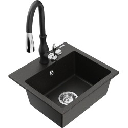Mexen Milo 1-compartment granite sink with a kitchen mixer tap Savita, Black/Gold metallic - 6505-75-672601-70