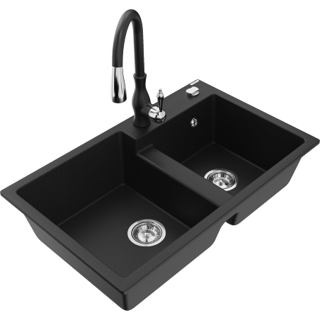 Mexen Tomas 2-compartment granite sink with a kitchen mixer tap Savita, Black - 6516-77-672601-70