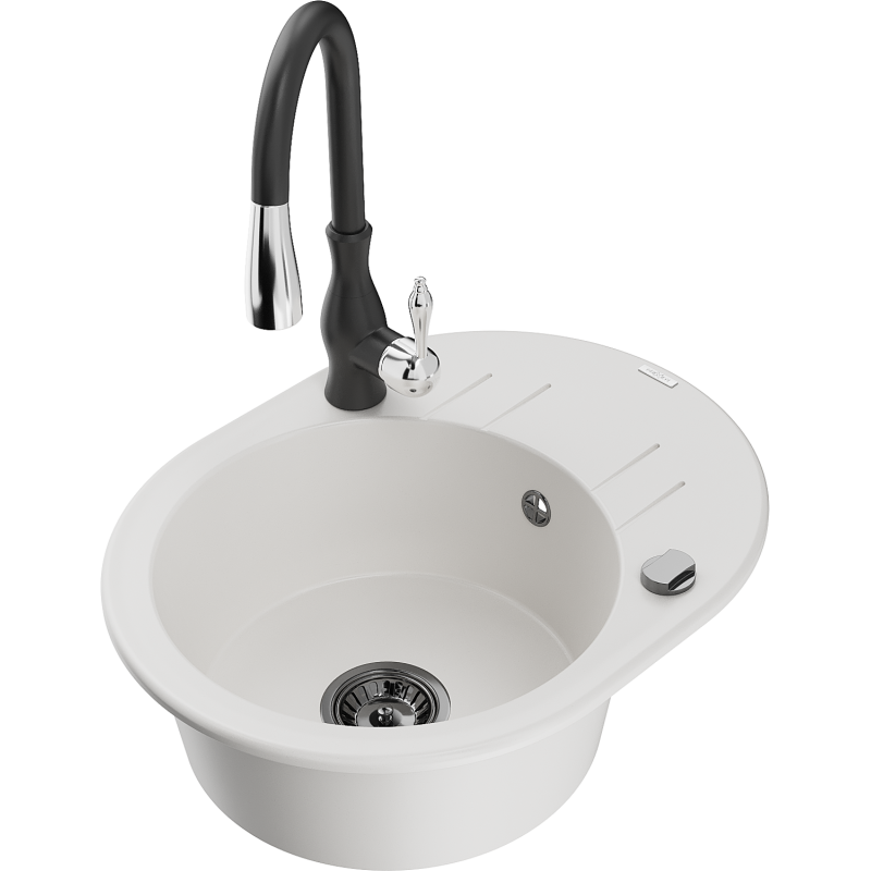 Mexen Kevin 1-compartment granite sink with a drip tray and kitchen mixer tap Savita, White - 6517-20-672601-70