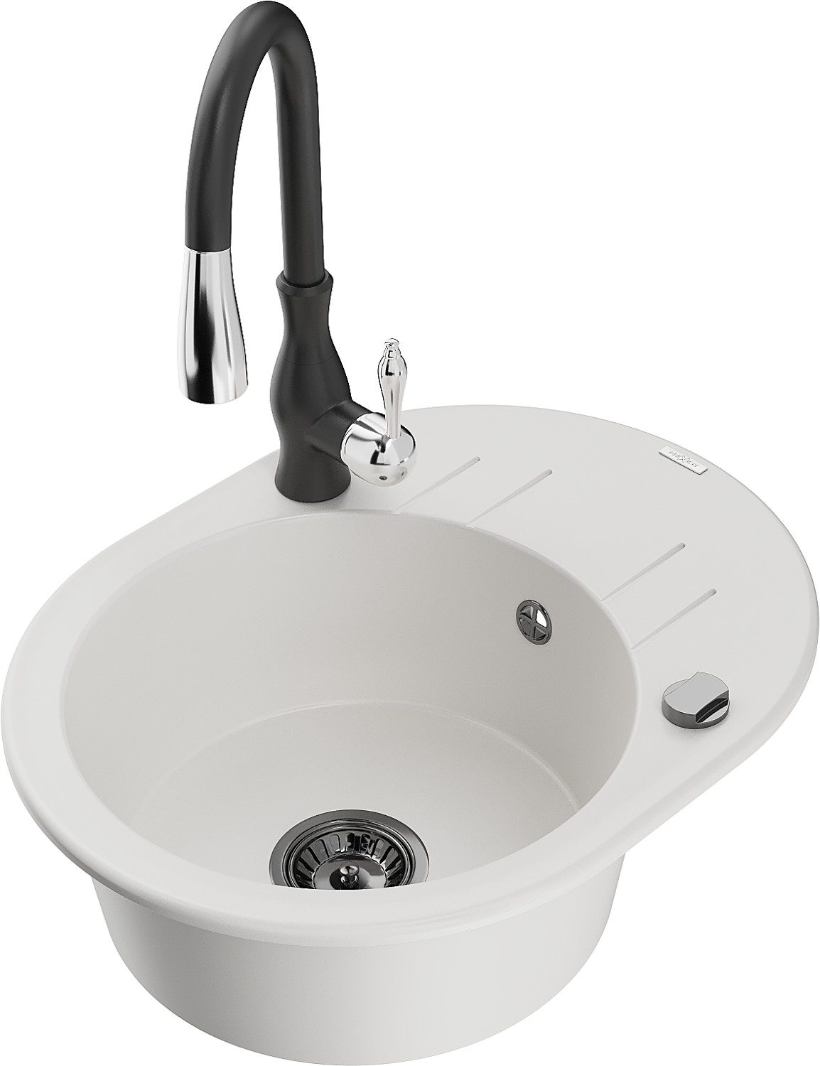 Mexen Kevin 1-compartment granite sink with a drip tray and kitchen mixer tap Savita, White - 6517-20-672601-70