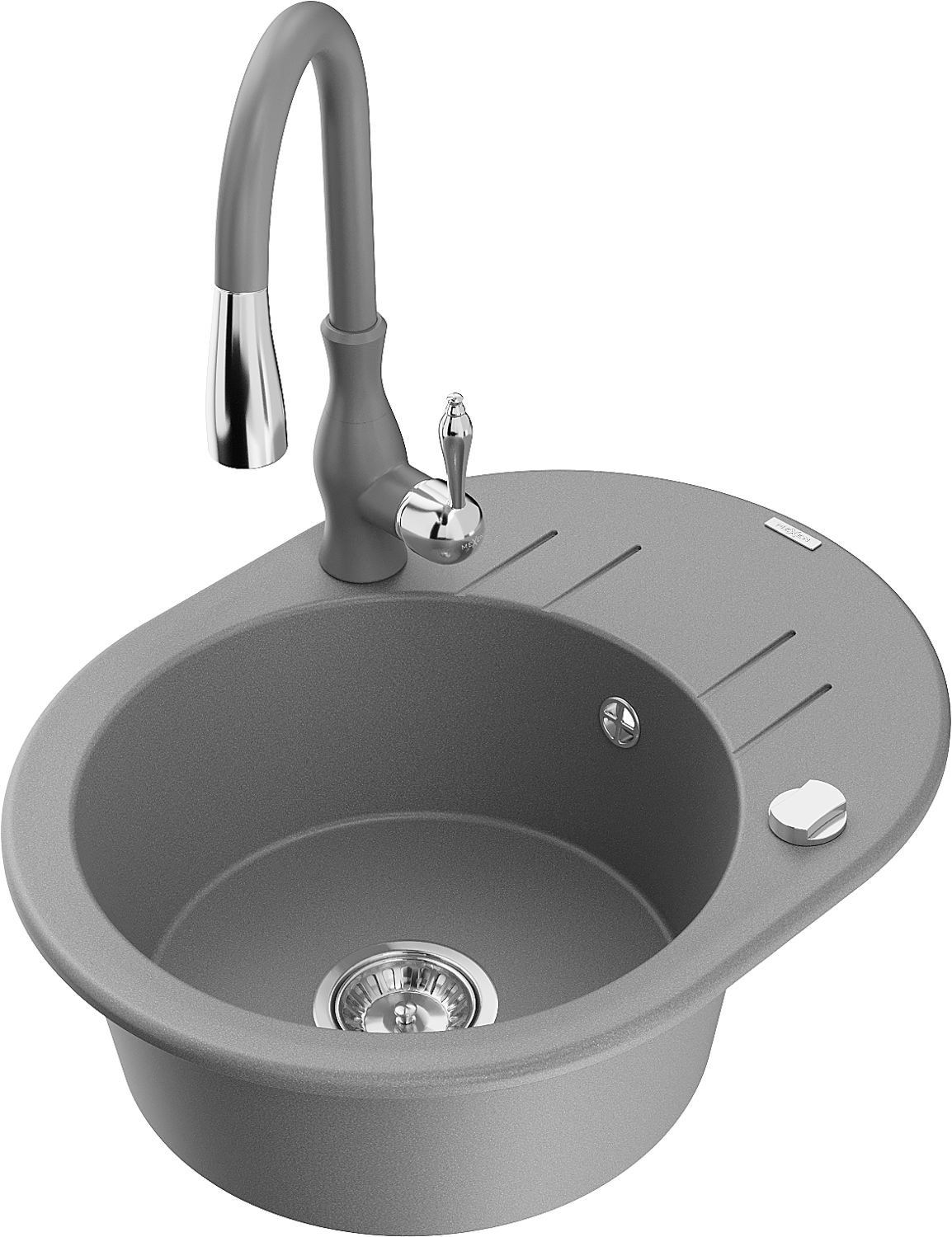 Mexen Kevin 1-compartment granite sink with a drip tray and kitchen mixer tap Savita, Grey - 6517-71-672601-71