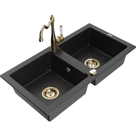 Mexen Mario 2-compartment granite sink with a kitchen mixer tap Carla, Black/Silver metallic - 6504-73-670700-50