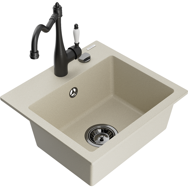 Mexen Milo 1-compartment granite sink with a kitchen mixer tap Carla, Beige - 6505-69-670700-70
