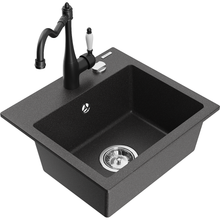 Mexen Milo 1-compartment granite sink with a kitchen mixer tap Carla, spotted black - 6505-76-670700-70