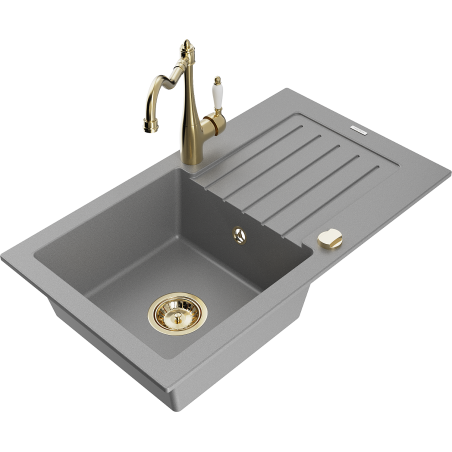 Mexen Pablo 1-compartment granite sink with a drip tray and kitchen mixer tap Carla, Grey - 6510-71-670700-50