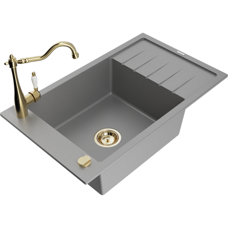 Mexen Elias 1-compartment granite sink with a drip tray and kitchen mixer tap Carla, Grey - 6511-71-670700-50