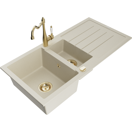 Mexen Andres 1.5-compartment granite sink with a drip tray and kitchen mixer tap Carla, Beige - 6515-69-670700-50