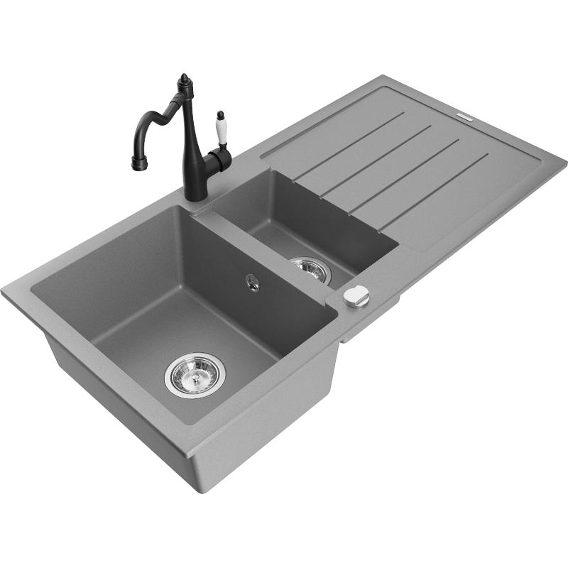 Mexen Andres 1.5-compartment granite sink with a drip tray and kitchen mixer tap Carla, Grey - 6515-71-670700-70