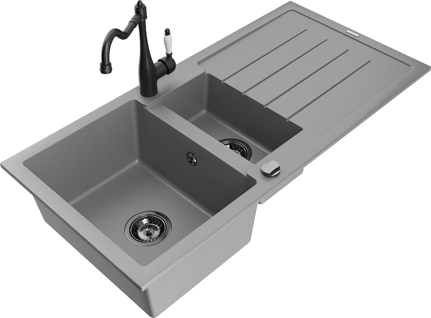 Mexen Andres 1.5-compartment granite sink with a drip tray and kitchen mixer tap Carla, Grey - 6515-71-670700-70-B