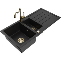 Mexen Andres 1.5-compartment granite sink with a drip tray and kitchen mixer tap Carla, Black - 6515-77-670700-50
