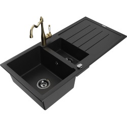 Mexen Andres 1.5-compartment granite sink with a drip tray and kitchen mixer tap Carla, Black - 6515-77-670700-50-B