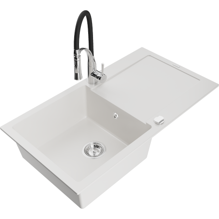 Mexen Leo 1-compartment granite sink with a drip tray and kitchen mixer tap Aster, White - 6501-20-73450-07