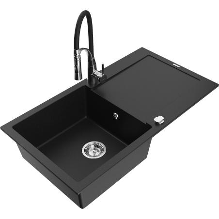 Mexen Leo 1-compartment granite sink with a drip tray and kitchen mixer tap Aster, Black - 6501-77-73450-07
