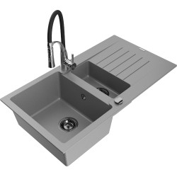 Mexen Matias 1.5-compartment granite sink with a drip tray and kitchen mixer tap Aster, Grey - 6502-71-73450-07-B