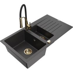 Mexen Matias 1.5-compartment granite sink with a drip tray and kitchen mixer tap Aster, spotted black - 6502-76-73450-57-G