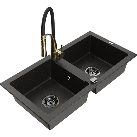 Mexen Mario 2-compartment granite sink with a kitchen mixer tap Aster, Black/Gold metallic - 6504-75-73450-57-B