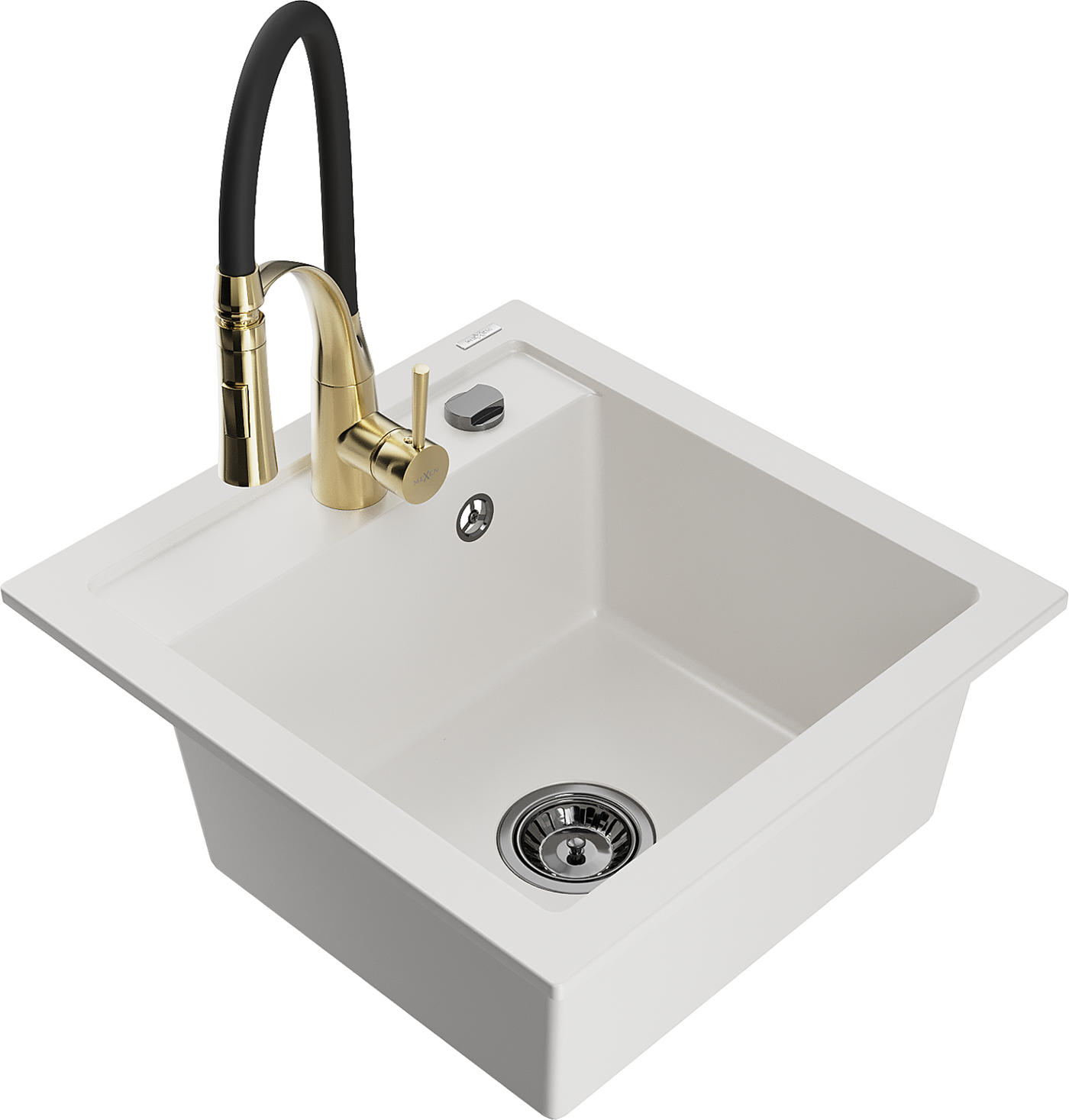 Mexen Matias 1.5-compartment granite sink with a drip tray and kitchen mixer tap Aster, White - 6502-20-73450-57-B