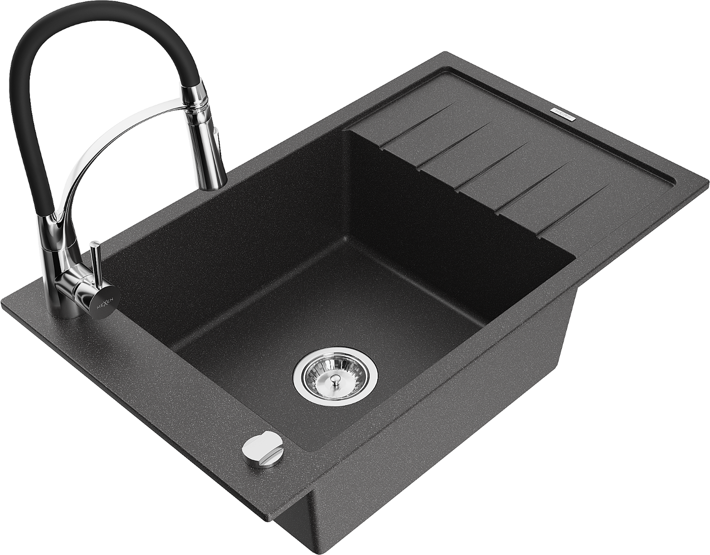 Mexen Elias 1-compartment granite sink with a drip tray and kitchen mixer tap Aster, spotted black - 6511-76-73450-07