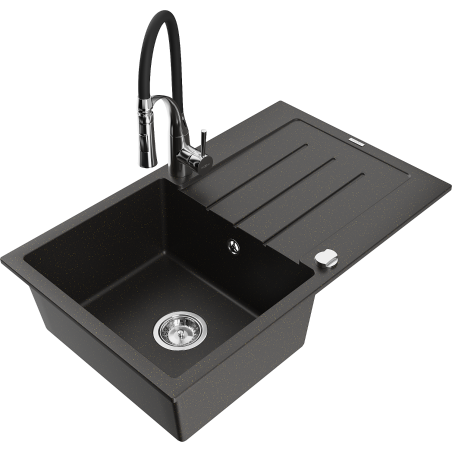 Mexen Bruno 1-compartment granite sink with a drip tray and kitchen mixer tap Aster, Black/Gold metallic - 6513-75-73450-07