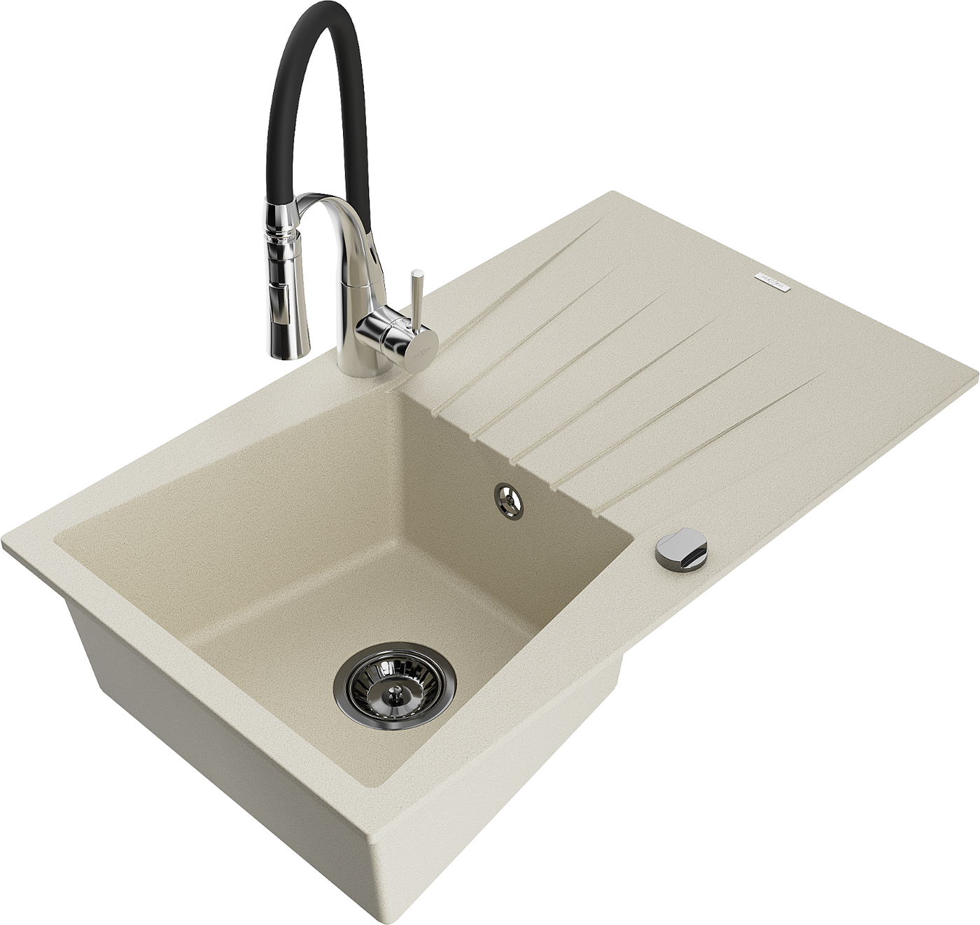 Mexen Cesar 1-compartment granite sink with a drip tray and kitchen mixer tap Aster, Beige - 6514-69-73450-07-B