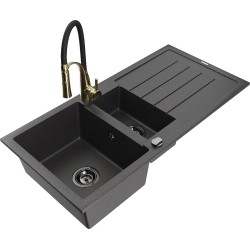 Mexen Andres 1.5-compartment granite sink with a drip tray and kitchen mixer tap Aster, spotted black - 6515-76-73450-57-B