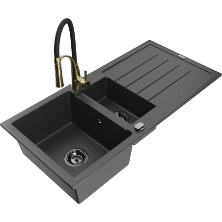 Mexen Andres 1.5-compartment granite sink with a drip tray and kitchen mixer tap Aster, spotted black - 6515-76-73450-57-B