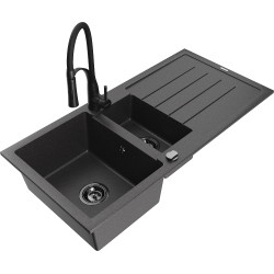 Mexen Andres 1.5-compartment granite sink with a drip tray and kitchen mixer tap Aster, spotted black - 6515-76-73450-70-B
