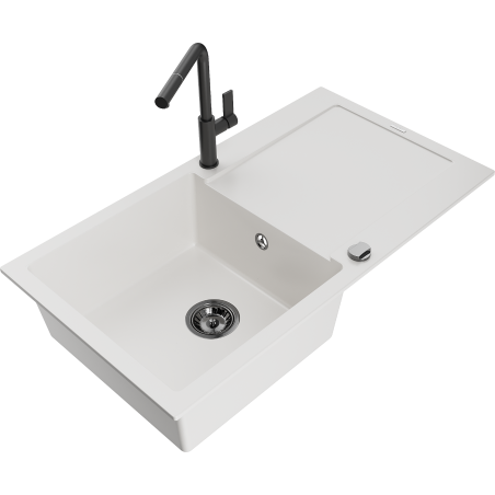 Mexen Leo 1-compartment granite sink with a drip tray and kitchen mixer tap Flora, White - 6501-20-670401-70-B