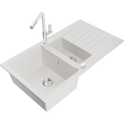 Mexen Matias 1.5-compartment granite sink with a drip tray and kitchen mixer tap Flora, White - 6502-20-670401-02