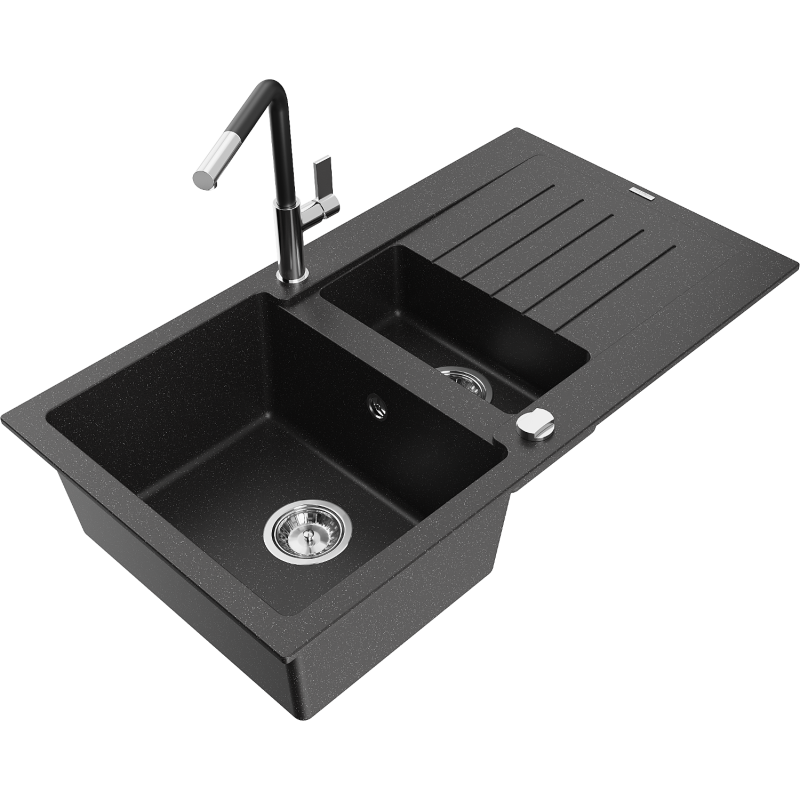Mexen Matias 1.5-compartment granite sink with a drip tray and kitchen mixer tap Flora, Black/Silver - 6502-73-670401-07