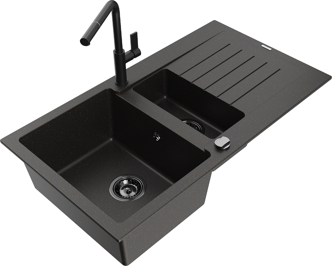 Mexen Matias 1.5-compartment granite sink with a drip tray and kitchen mixer tap Flora, Black/Gold - 6502-75-670401-70-B