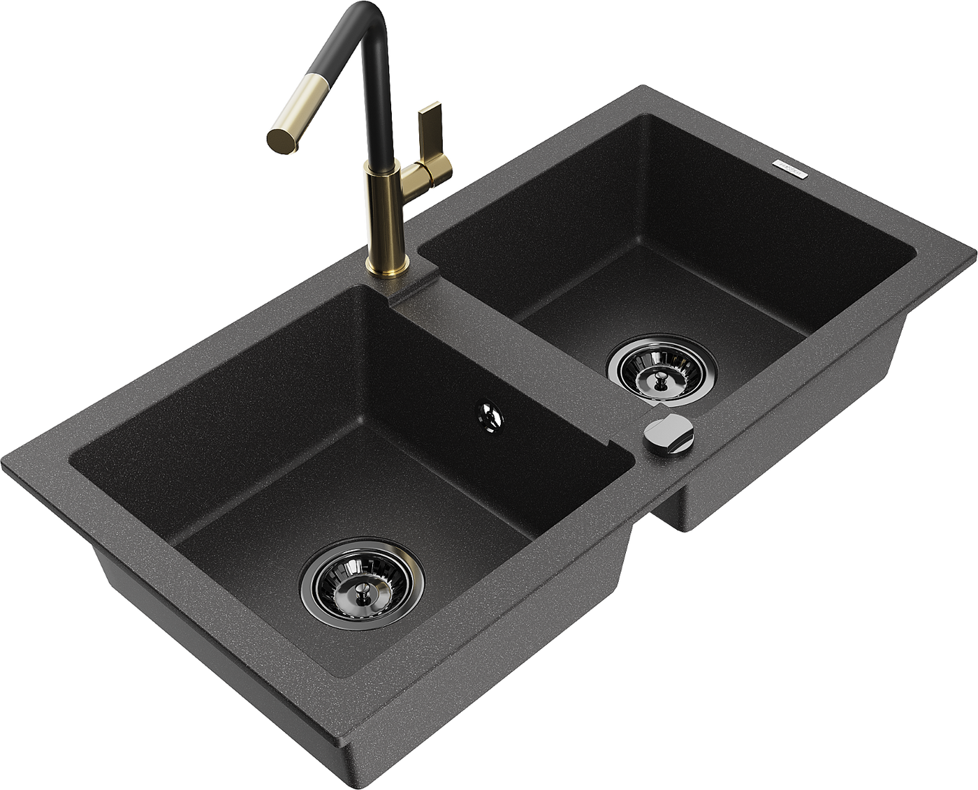 Mexen Mario 2-compartment granite sink with a kitchen mixer tap Flora, spotted black - 6504-76-670401-57-B
