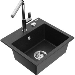 Mexen Milo 1-compartment granite sink with a kitchen mixer tap Flora, Black/Silver metallic - 6505-73-670401-00