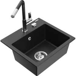 Mexen Milo 1-compartment granite sink with a kitchen mixer tap Flora, Black/Silver metallic - 6505-73-670401-07