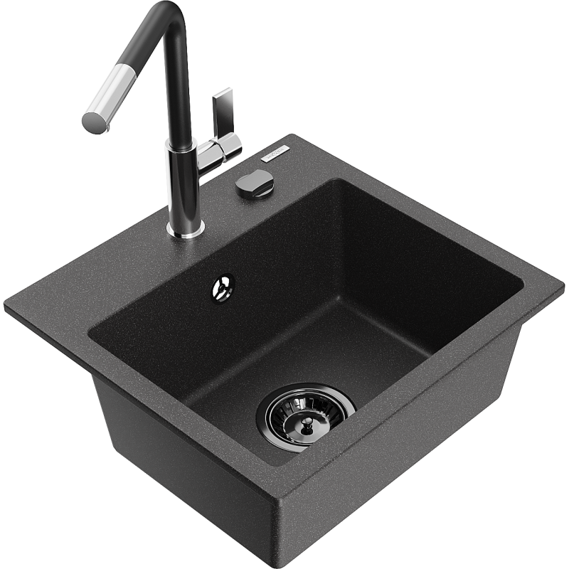 Mexen Milo 1-compartment granite sink with a kitchen mixer tap Flora, spotted black - 6505-76-670401-07-B