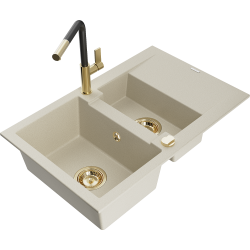 Mexen Gaspar 1.5-compartment granite sink with a drip tray and kitchen mixer tap Flora, Beige - 6507-69-670401-57-G