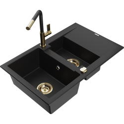 Mexen Gaspar 1.5-compartment granite sink with a drip tray and kitchen mixer tap Flora, Black - 6507-77-670401-57-G