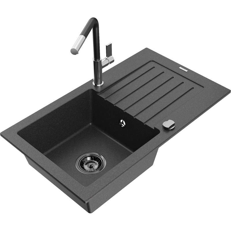 Mexen Pablo 1-compartment granite sink with a drip tray and kitchen mixer tap Flora, spotted black - 6510-76-670401-07-B