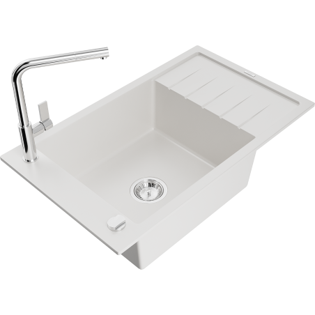 Mexen Elias 1-compartment granite sink with a drip tray and kitchen mixer tap Flora, White - 6511-20-670401-00