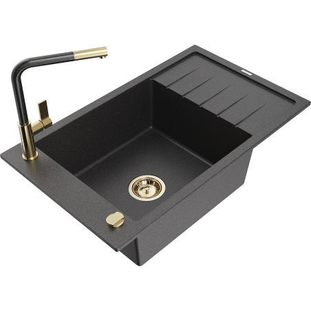 Mexen Elias 1-compartment granite sink with a drip tray and kitchen mixer tap Flora, spotted black - 6511-76-670401-75-G